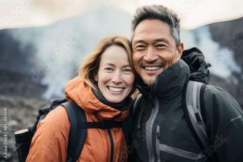 Couple in their 40s smiling at the Aogashima Volcano in Tokyo Japan