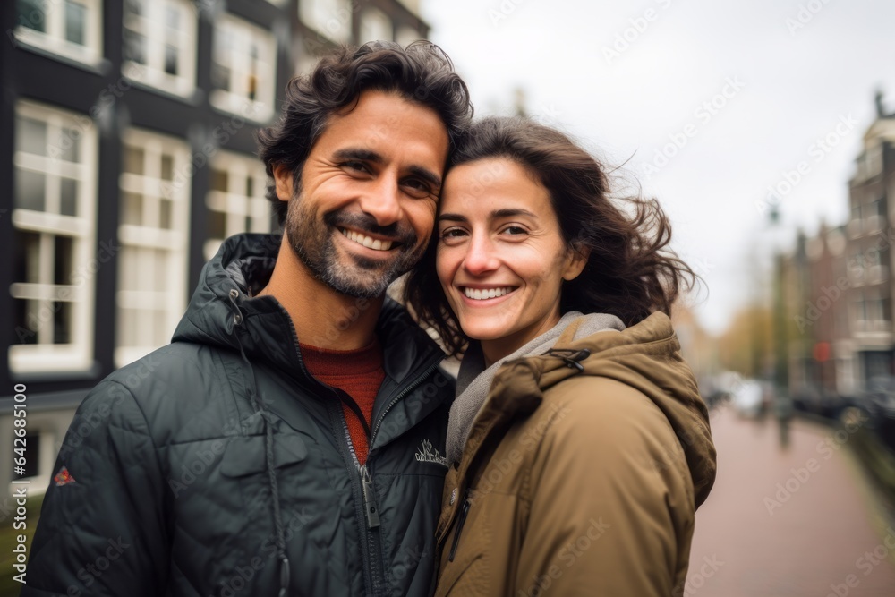 A couple in their 30s smiling at the Anne Frank House in Amsterdam Netherlands