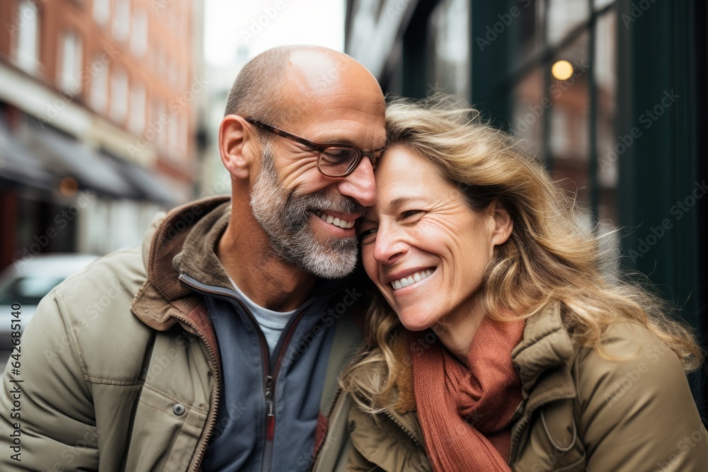 A couple in their 40s smiling at the Anne Frank House in Amsterdam Netherlands A couple in their 40s smiling at the Anne Frank House in Amsterdam Netherlands