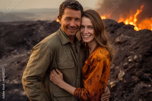 Couple in their 40s smiling at the Darvaza Gas Crater in Derweze Turkmenistan