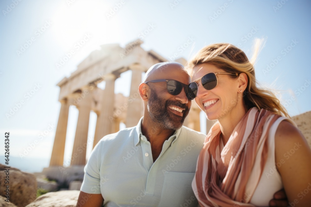 A couple in their 40s smiling at the Parthenon in Athens Greece