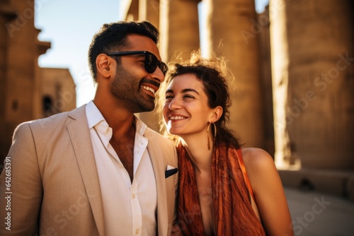 A couple in their 30s smiling at the Luxor Temple in Luxor Egypt