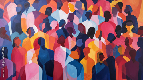 A painting of a diverse crowd of people. Diversity, equity, inclusion and belonging. DEI. Faceless crowd. Lost in the crowd. Abstract shapes photo