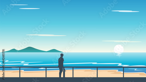 a man with a skateboard is watching the sunset on the beach. beach landscape with a mountain view.
