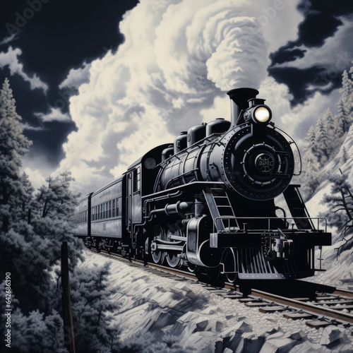 A monochromatic illustration of a vintage train. AI generated
