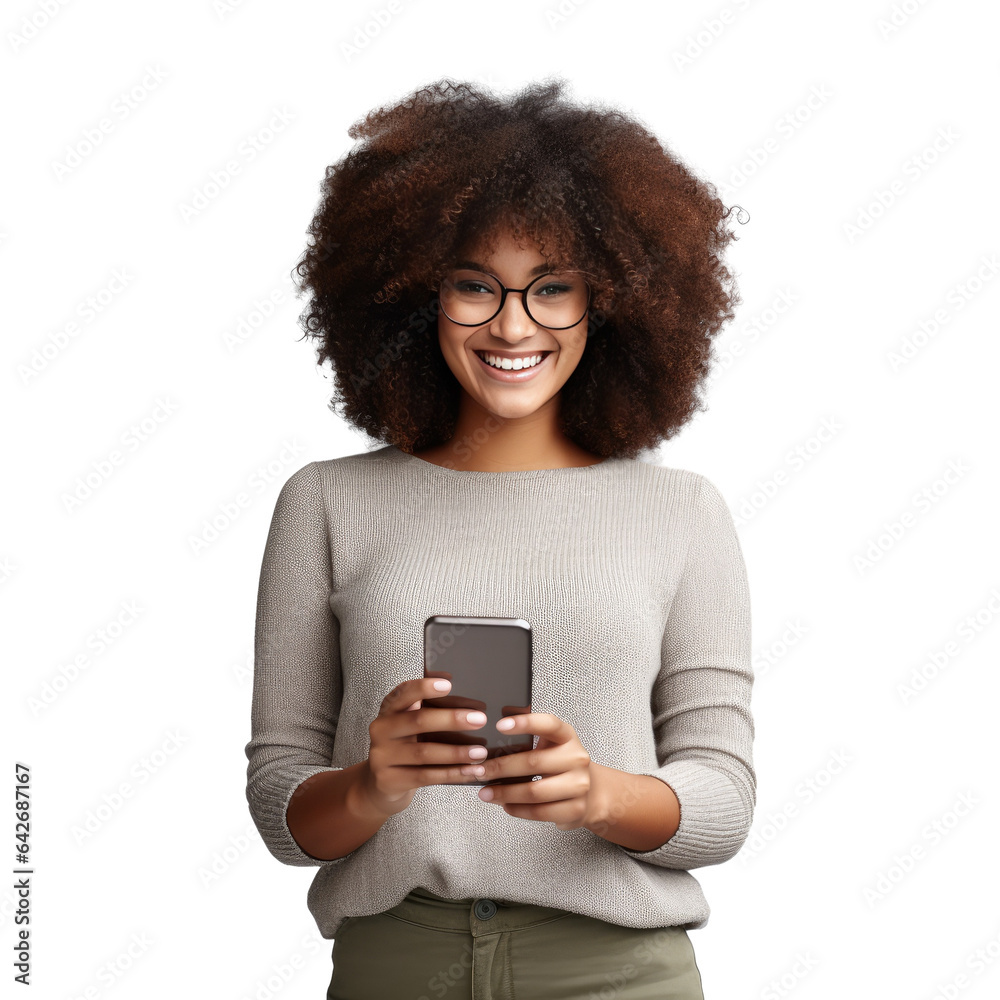 Black Nigerian woman joyfully texting on smartphone in transparent background empty area Black Nigerian woman joyfully texting on smartphone in transparent background empty area