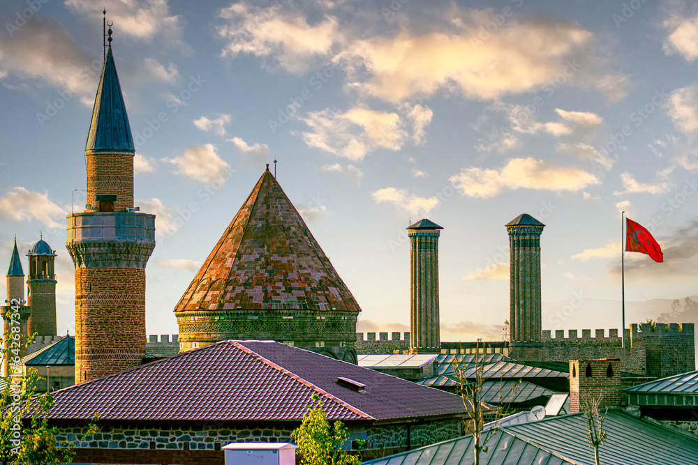 Obraz premium Erzurum Cultural Heritage: Erzurum Castle, Double Minaret Madrasa, Clock Tower, Tomb. Turkish flag .