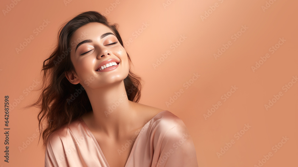 Obraz premium Young brunette smiling woman with closed eyes, highlighting smooth neck and face skin, fashion, cosmetic salon skin hair care advertising products