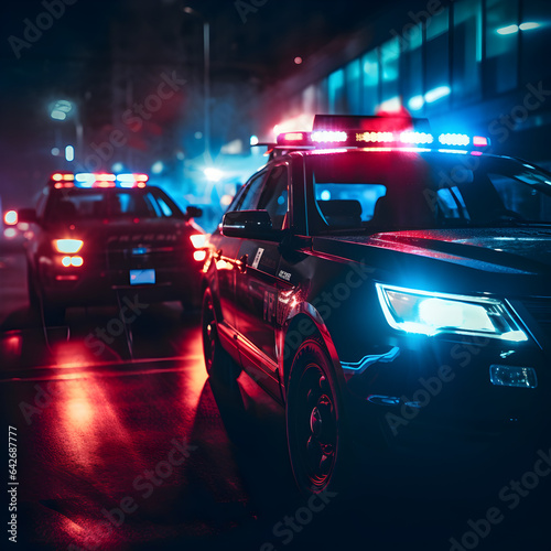 Police cars with their lights and sirens on chasing a criminal. A law enforcement theme. Generative ai. 