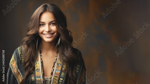 Native latin resident girl in huipil traditional costume clothes, Smiling hispanic mexican woman, diversity multicultural concept