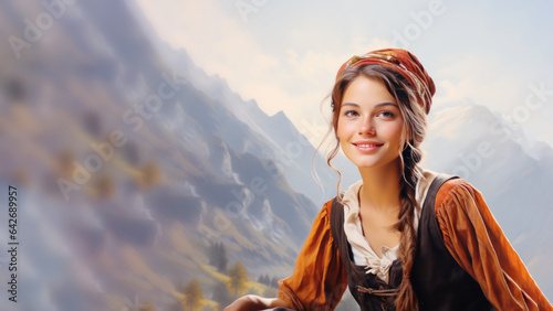 Native switzerland resident girl in traditional clothes, Smiling swiss woman, diversity multicultural concept