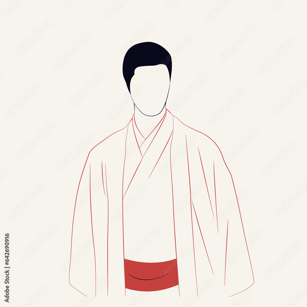 Japończyk w tradycyjnej odzieży. Młody człowiek w kimonie. Ilustracja wektorowa w stylu minimalistycznym. - obrazy, fototapety, plakaty 