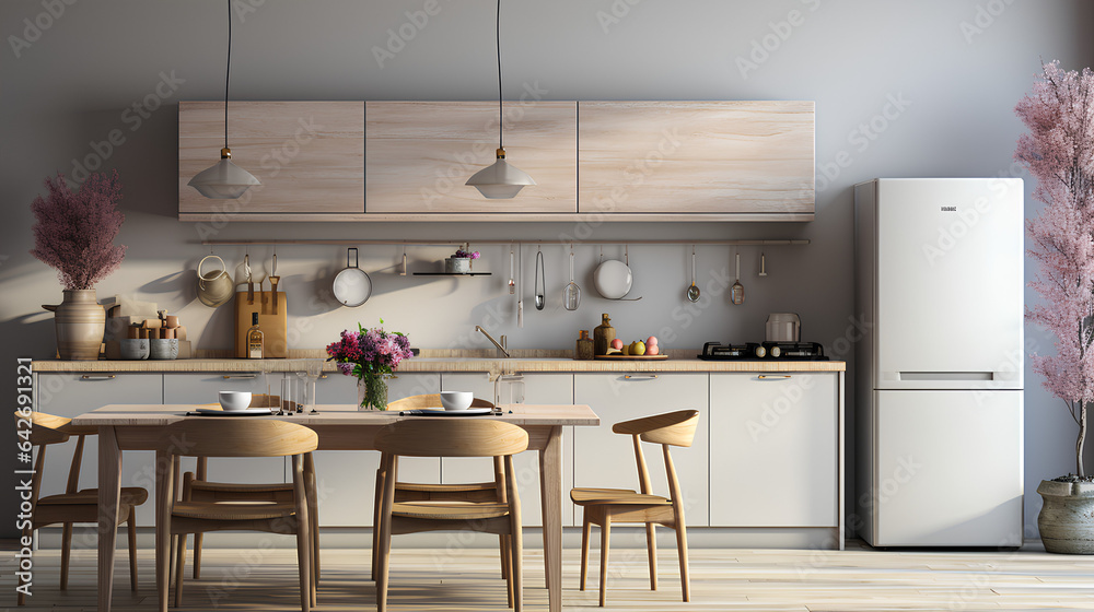 Interior design of home kitchen, Scandinavian white theme color