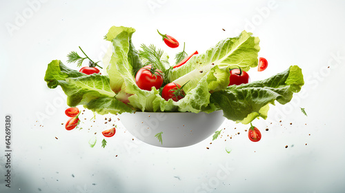 Lettuce green leaves, tomatoes, cucumber, onion flying in the air in cardboard bowl on white background. Healthy food delivery concept