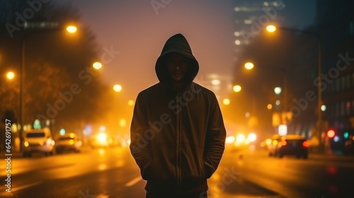 A scary man at wet stormy road on colorful spooky night off Halloween Day.