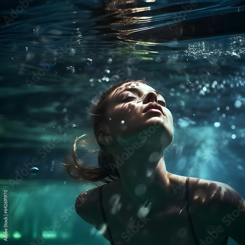 A beautiful woman underwater swimming. A concept of being submerged in a pool and holding your breath. Generative ai. 
