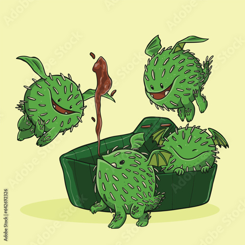 Klepon glutinous rice ball in monster character illustration