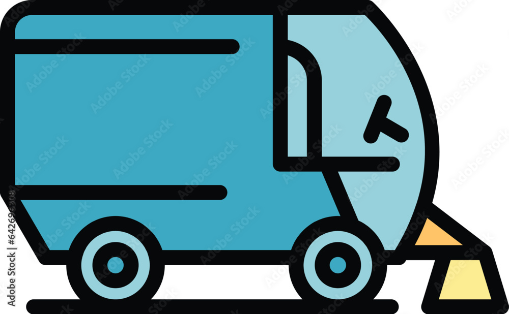 Sweeper truck icon outline vector. Street cleaning. Machine vehicle color flat Sweeper truck icon outline vector. Street cleaning. Machine vehicle color flat