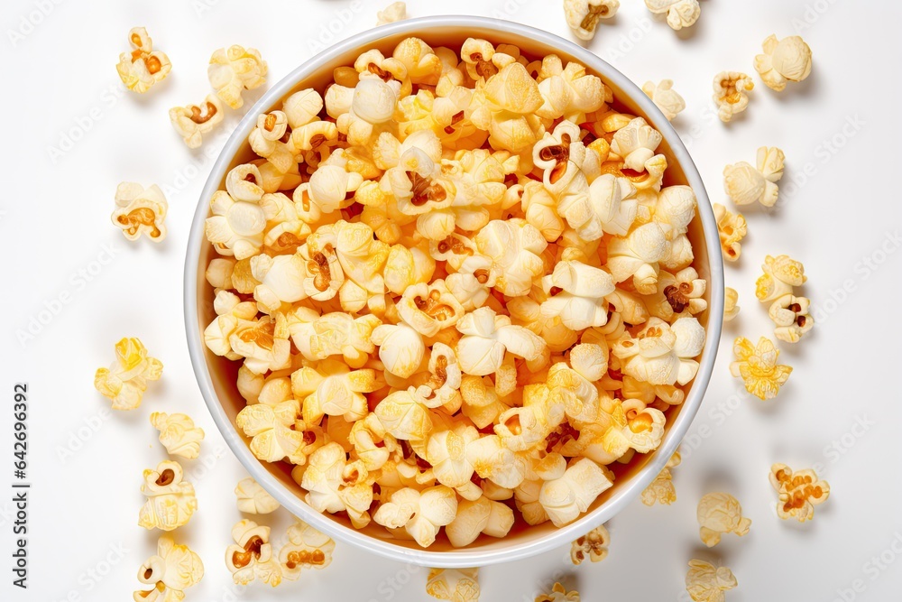 Top-down view of a bucket of popcorn on white background, Isolated for illustration. Generative AI Top-down view of a bucket of popcorn on white background, Isolated for illustration. Generative AI