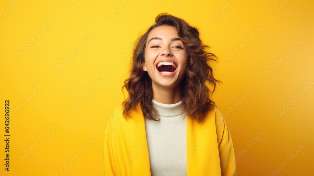 cheerful and funny happy woman in vivid shine yellow background, Generative AI - obrazy, fototapety, plakaty 