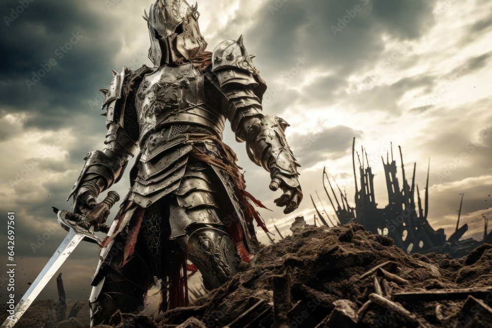 Guardian of Honor: The Defiant Knight on a Battlefield Wasteland
