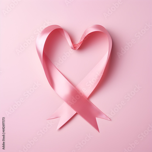 Pink ribbon heart with pink background. A heart shaped pink ribbon symbolizes breast cancer awareness. Generative ai.