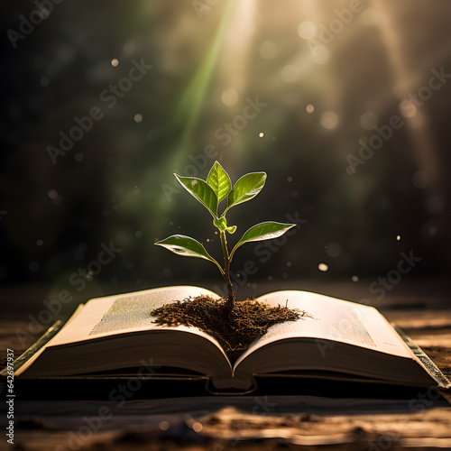 An open book with dirt and a plant growing from it. A metaphor for the growing knowledge books provide. Generative ai. 