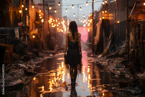 A woman in a dark fairy kei fashion wedding dress wading in a rundown industrial complex in the rain at dusk. Moody atmosphere. AI generative © SANGHYUN