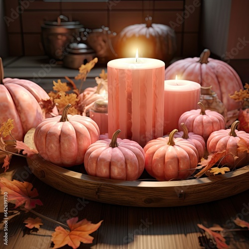 some pumpkins and candles on a table with autumn leaves around it  as seen from above the image is a candle surrounded by