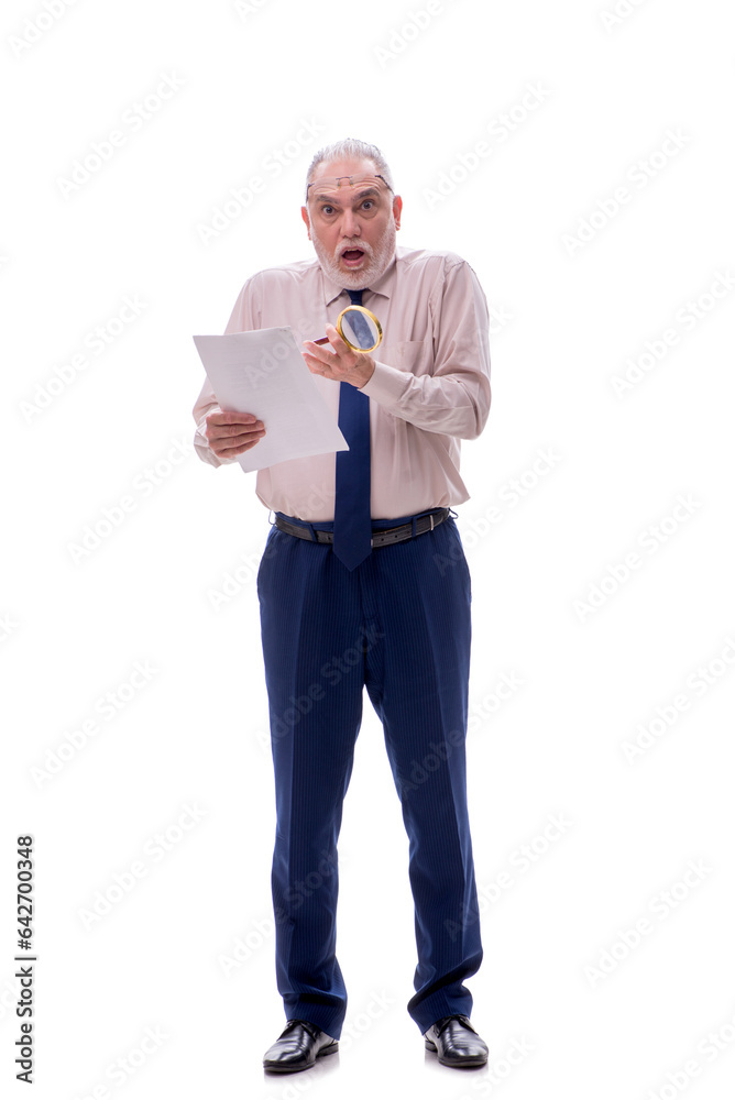 Old businessman holding loupe isolated on white Old businessman holding loupe isolated on white