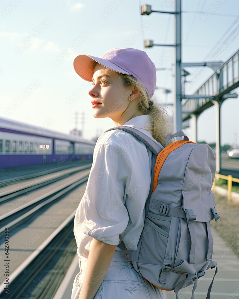 a woman with a backpack on her back, waiting for the train to arrive at an empty railway station platform