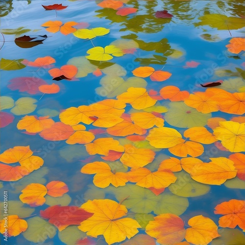 Colourful fall leaves in pond lake water, floating autumn leaf