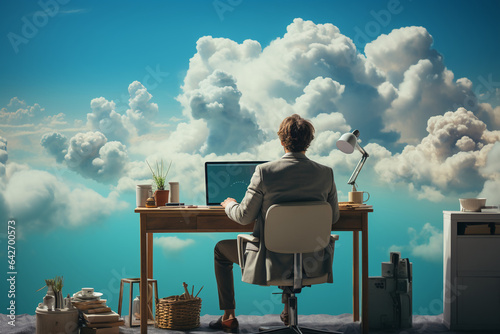 Back view of businessman sitting on cloud, working with laptop, table, chair, blue sky, copyspace. AI generative