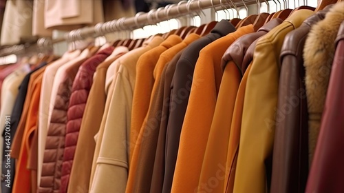 clothes hanging on a rack in a clothing store, showing the different colors and textures that are used for fashion