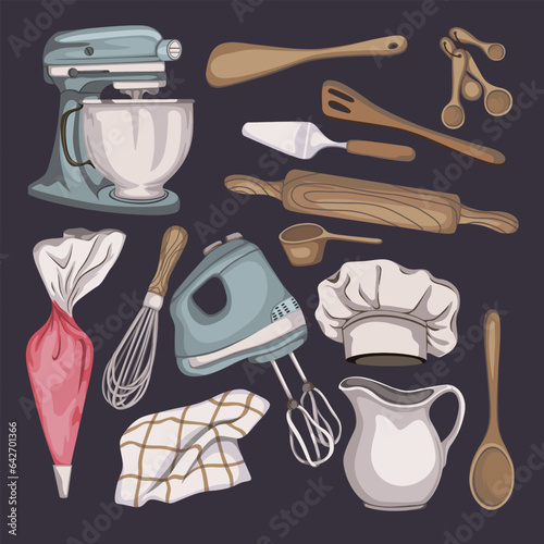 set of illustrations about baking tools and bakery equipment