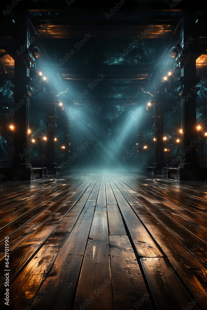 Background of empty dark scene with wooden old floor. Neon light smoke. AI generative