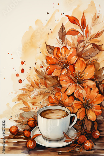 Beige background with coffee stains and autumn leaves in watercolor style. AI generative