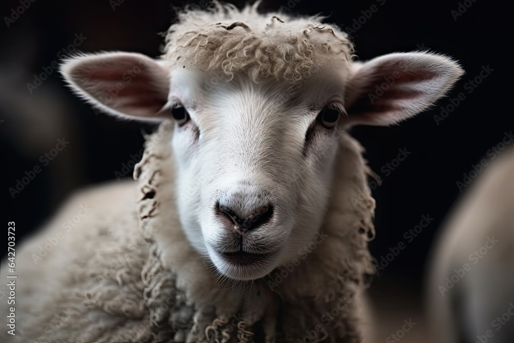 a sheep that is looking at the camera with its head slightly to the camera and it's very fluffy