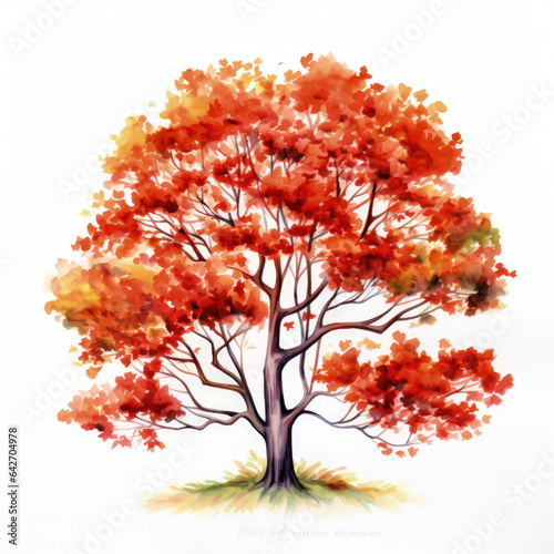 Watercolor drawing of an autumn tree with green and red foliage on a white background. AI generated