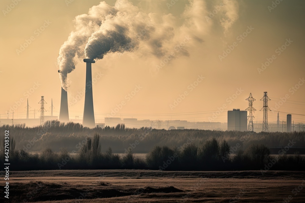 an industrial area with smoke coming from the chimneys and power lines in the distance, as seen at sunset