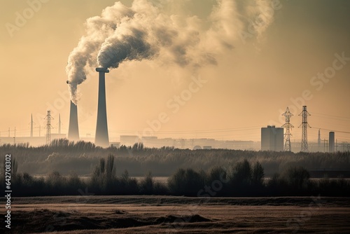 an industrial area with smoke coming from the chimneys and power lines in the distance, as seen at sunset