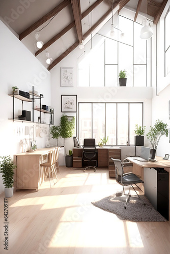 A contemporary loft office interior with a warm  inviting atmosphere and a sleek  modern design. 3D rendering with a focus on the textures and colors of the furniture and decor.