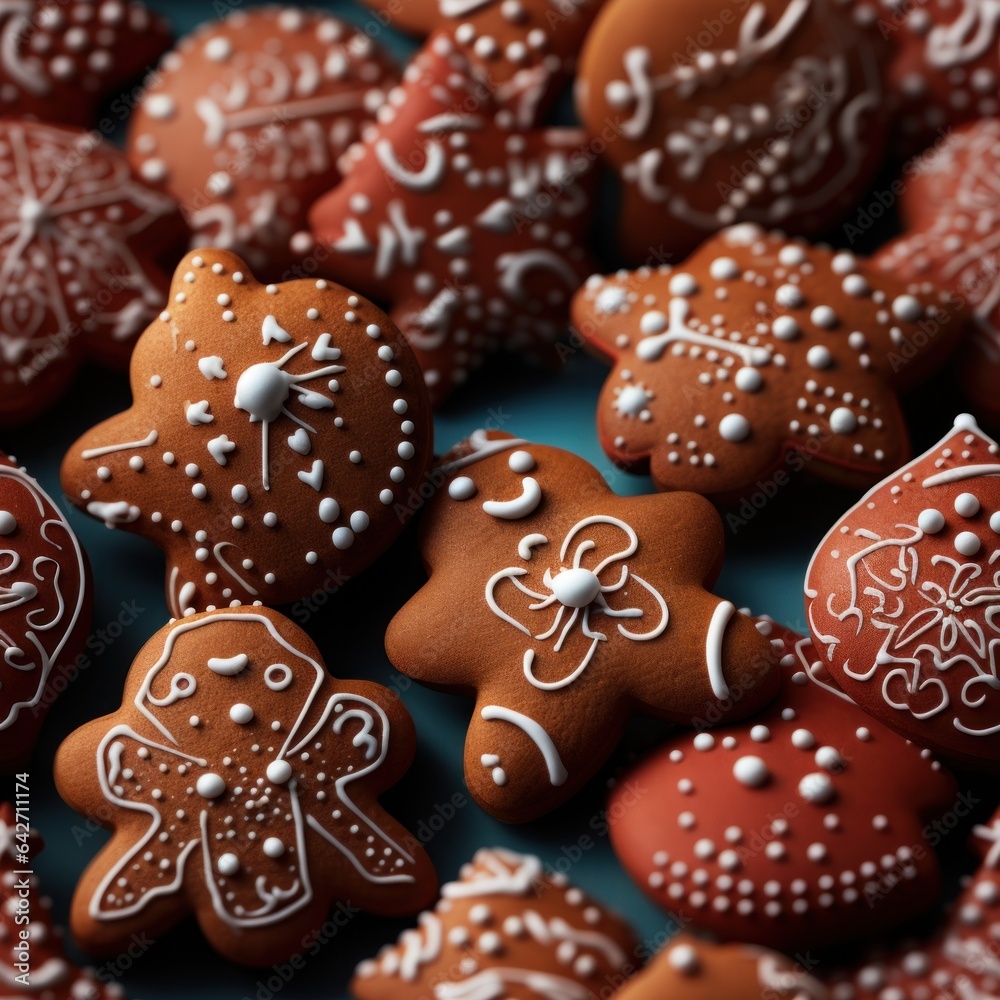 The magic of Christmas is encapsulated in this texture, where a top view showcases an array of gingerbread cookies forming an unbroken pattern for a festive background. The magic of Christmas is encapsulated in this texture, where a top view showcases an array of gingerbread cookies forming an unbroken pattern for a festive background.