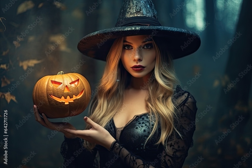 a young woman dressed as a witch holding a pumpkin in her hand and looking at the camera with an evil look on her face a young woman dressed as a witch holding a pumpkin in her hand and looking at the camera with an evil look on her face