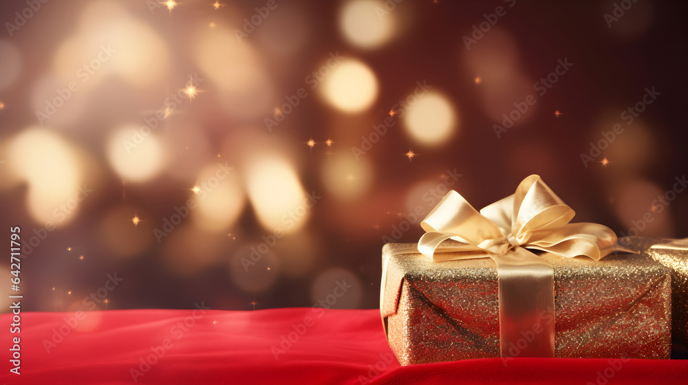 Gift wrapped gold present with blurred bokeh festive background. Copy space for holiday marketing or seasonal blog posts.