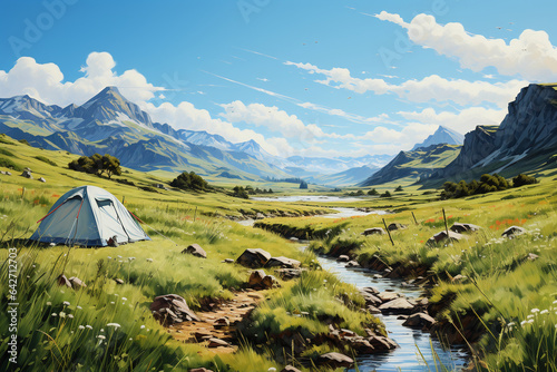 green field, bright, realistic, short grass, white tent, far away. AI generative