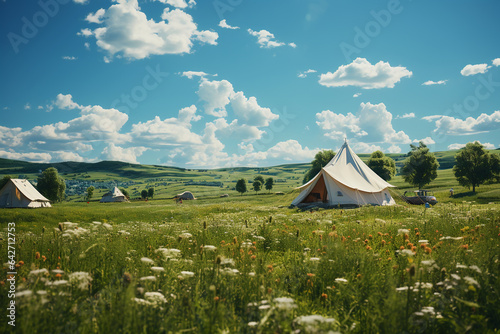 green field, bright, realistic, short grass, white tent, far away. AI generative