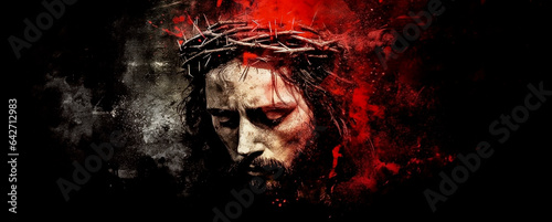 Divine Love and Sacrifice: Painting Of Jesus Christ with Crown of Thorns on Black Background.
