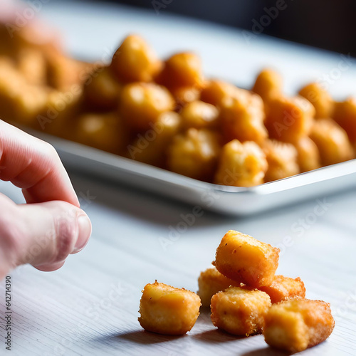 A Serving of Tater Tots on a Table With a Hand Reaching Into Frame 