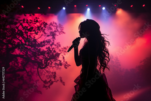 Stylish photography of folklore girl singing to a microphone on stage. AI generative